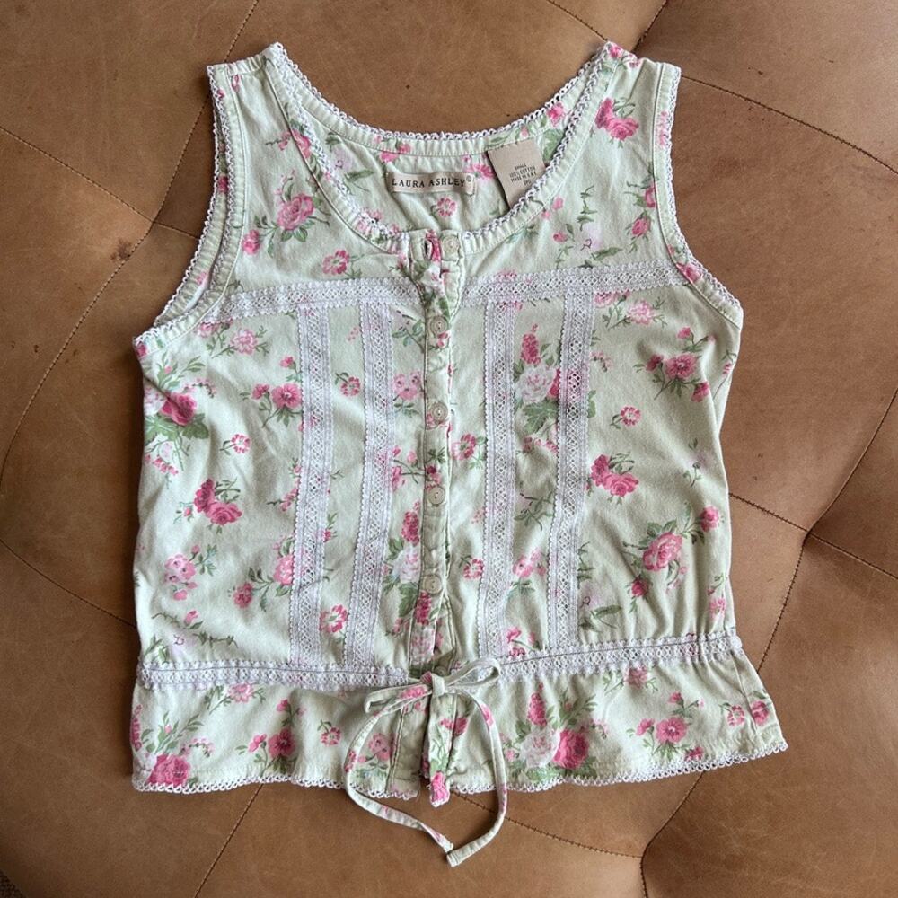 Vtg Laura Ashley Floral Lace Tank Top Button Front Cottagecore Romantic Cotton S